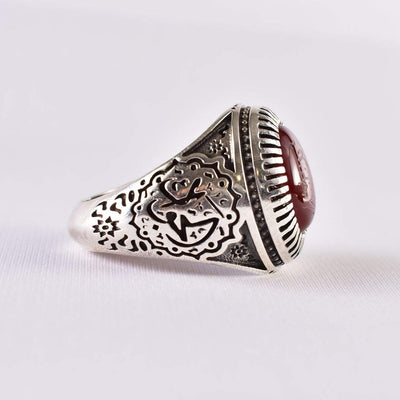Yemeni Aqeeq Ring for Men | AlAliGems | Red Aqeeq Stone Engaved | US Size 12 - Al Ali Gems