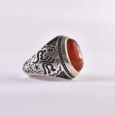 Yemeni Aqeeq Ring for Men | AlAliGems | Red Aqeeq Stone Engaved | US Size 12 - Al Ali Gems