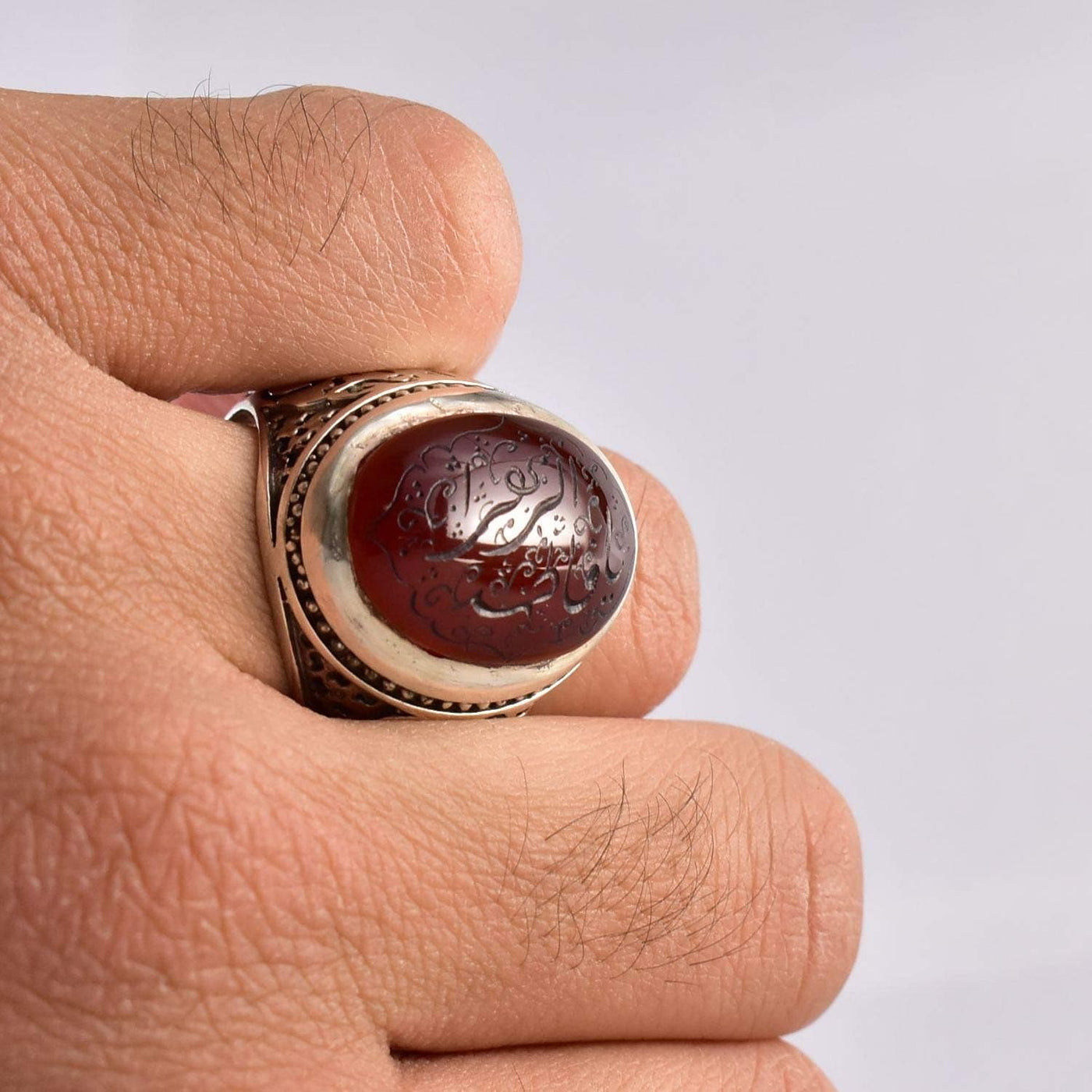 Yemeni Aqeeq Ring for Men | AlAliGems | Red Aqeeq Stone Engaved | US Size 12 - Al Ali Gems