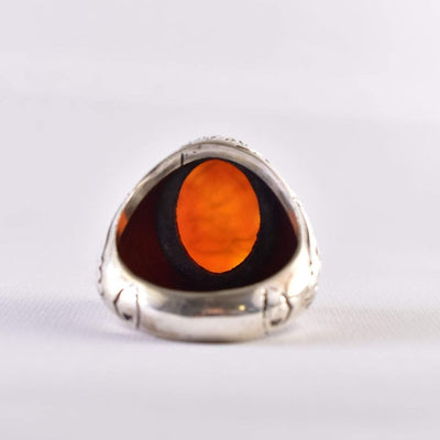 Yemeni Aqeeq Ring for Men | AlAliGems | Red Aqeeq Stone Engaved | US Size 12 - Al Ali Gems