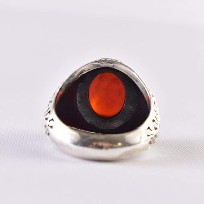 Yemeni Aqeeq Ring for Men | AlAliGems | Red Aqeeq Stone Engaved | US Size 12 - Al Ali Gems