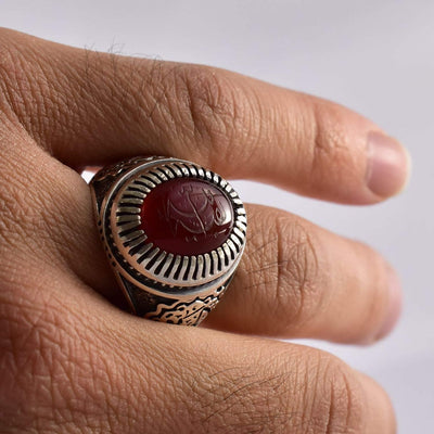 Yemeni Aqeeq Ring for Men | AlAliGems | Red Aqeeq Stone Engaved | US Size 12 - Al Ali Gems