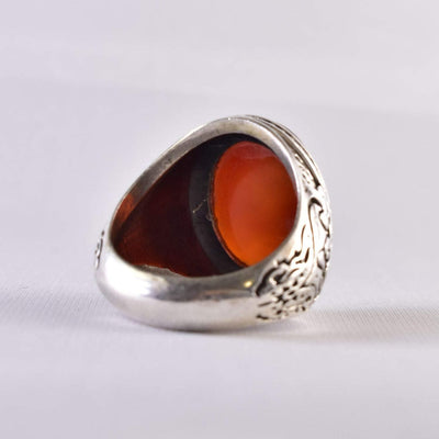 Yemeni Aqeeq Ring for Men | AlAliGems | Red Aqeeq Stone Engaved | US Size 12 - Al Ali Gems
