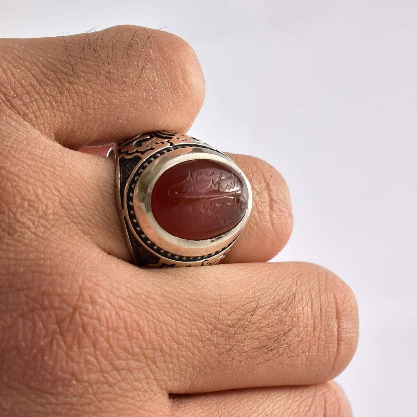 Yemeni Aqeeq Ring for Men | AlAliGems | Red Aqeeq Stone Engaved | US Size 12 - Al Ali Gems