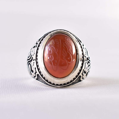 Yemeni Aqeeq Ring for Men | AlAliGems | Red Aqeeq Stone Engaved | US Size 12 - Al Ali Gems
