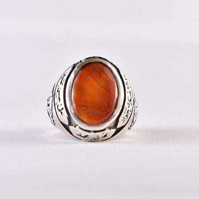 Yemeni Aqeeq Ring for Men | AlAliGems | Red Aqeeq Stone Engaved | US Size 12 - Al Ali Gems