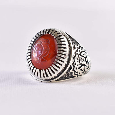 Yemeni Aqeeq Ring for Men | AlAliGems | Red Aqeeq Stone Engaved | US Size 12 - Al Ali Gems