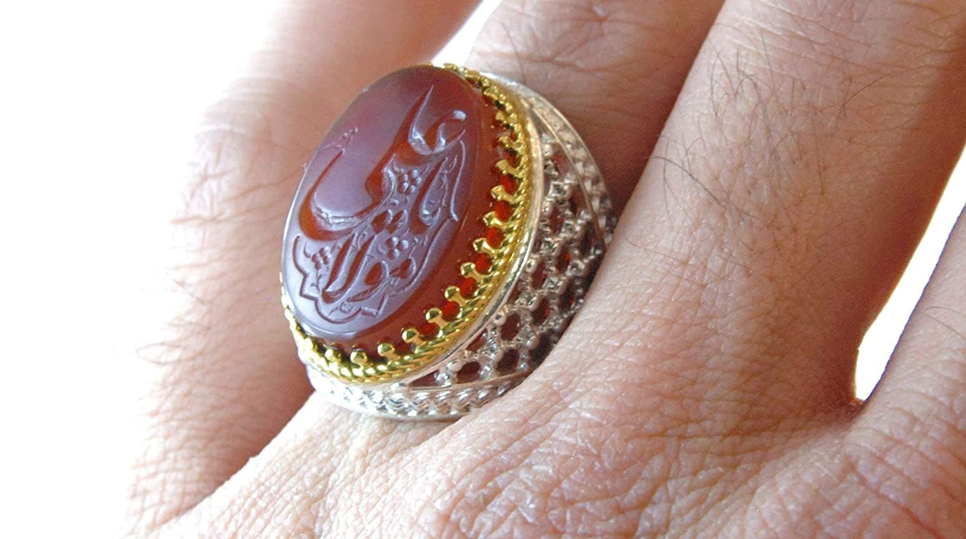 Yemeni Aqeeq Ring for men | AlAliGems | Red Aqeeq Stone Serling Silver Ring US Size 10 - Al Ali Gems
