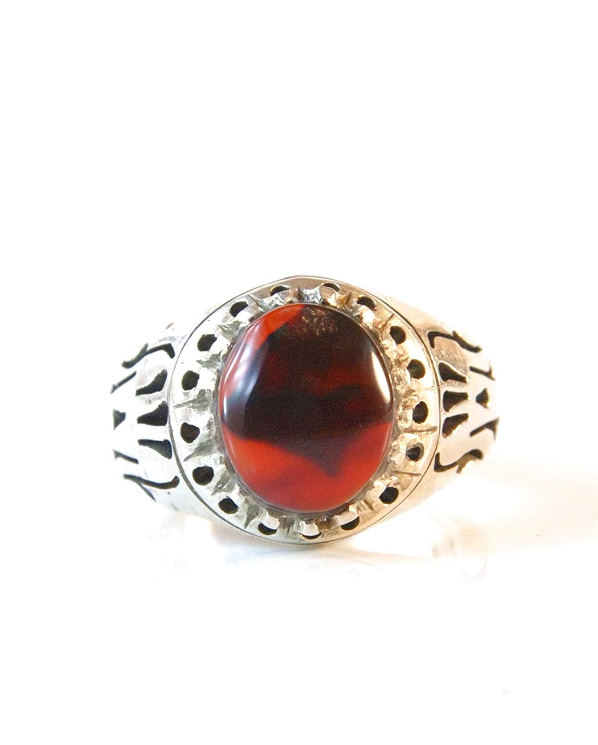 Yemeni Aqeeq Ring Men | Dark Red Kabadi Aqeeq | AlAliGems | Silver Ring Size 10 - Al Ali Gems