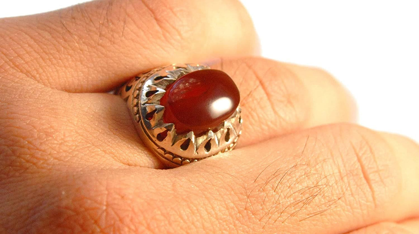 Yemeni Aqeeq Ring Men | Dark Red Kabadi Aqeeq | AlAliGems | Silver Ring Size 12 - Al Ali Gems