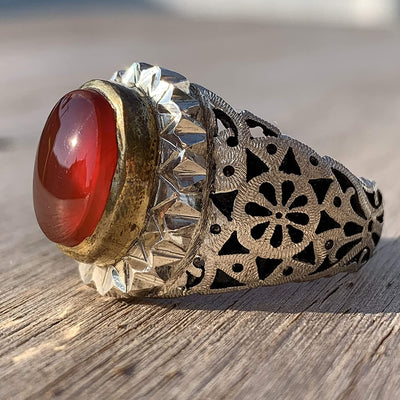 Yemeni Aqeeq Ring Men | Red Aqeeq | AlAliGems | Sterling Silver US Size 12 - Al Ali Gems