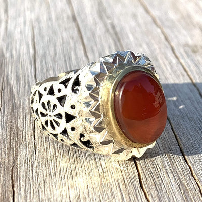 Yemeni Aqeeq Ring Men | Red Aqeeq | AlAliGems | Sterling Silver US Size 12 - Al Ali Gems