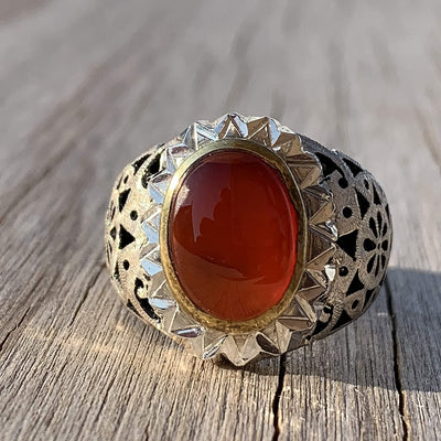 Yemeni Aqeeq Ring Men | Red Aqeeq | AlAliGems | Sterling Silver US Size 12 - Al Ali Gems