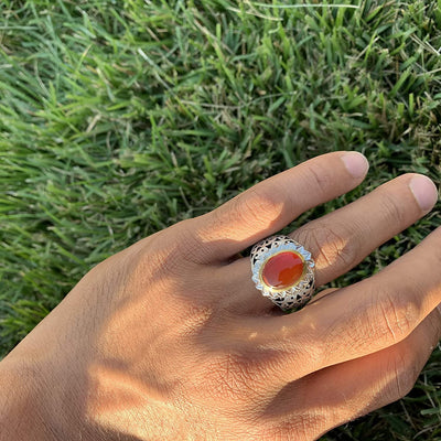 Yemeni Aqeeq Ring Men | Red Aqeeq | AlAliGems | Sterling Silver US Size 12 - Al Ali Gems