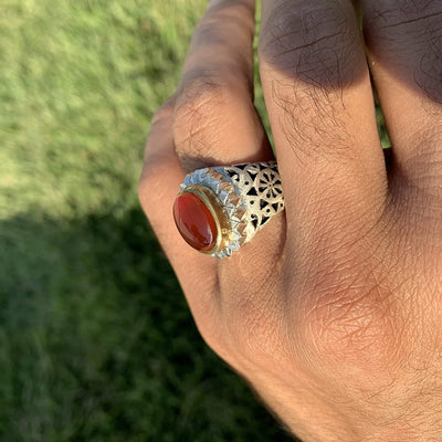 Yemeni Aqeeq Ring Men | Red Aqeeq | AlAliGems | Sterling Silver US Size 12 - Al Ali Gems