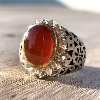 Yemeni Aqeeq Ring Men | Red Aqeeq | AlAliGems | Sterling Silver US Size 12 - Al Ali Gems