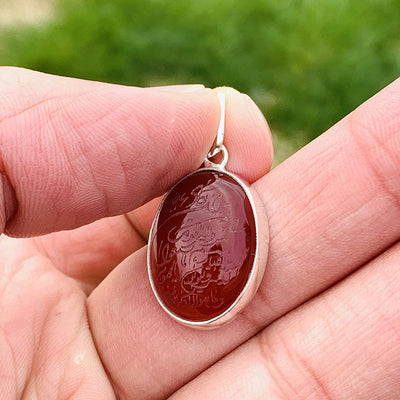 Yemeni Red Aqeeq Stone Pendant For Ladies | Aqeeq Pendant | Aqeeq Necklace | Aqeeq Shia | Akik Stone | Abyssinian Stone | Sterling Silver 92.5 | Engraved Aqeeq |Wa In Yakadul Lazina Verse Yemeni Agate - Al Ali Gems