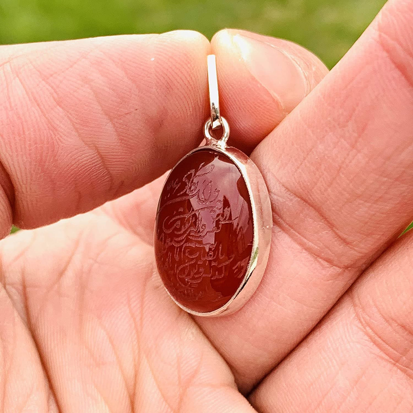 Yemeni Red Aqeeq Stone Pendant For Ladies | Aqeeq Pendant | Aqeeq Necklace | Aqeeq Shia | Akik Stone | Abyssinian Stone | Sterling Silver 92.5 | Engraved Aqeeq |Wa In Yakadul Lazina Verse Yemeni Agate - Al Ali Gems