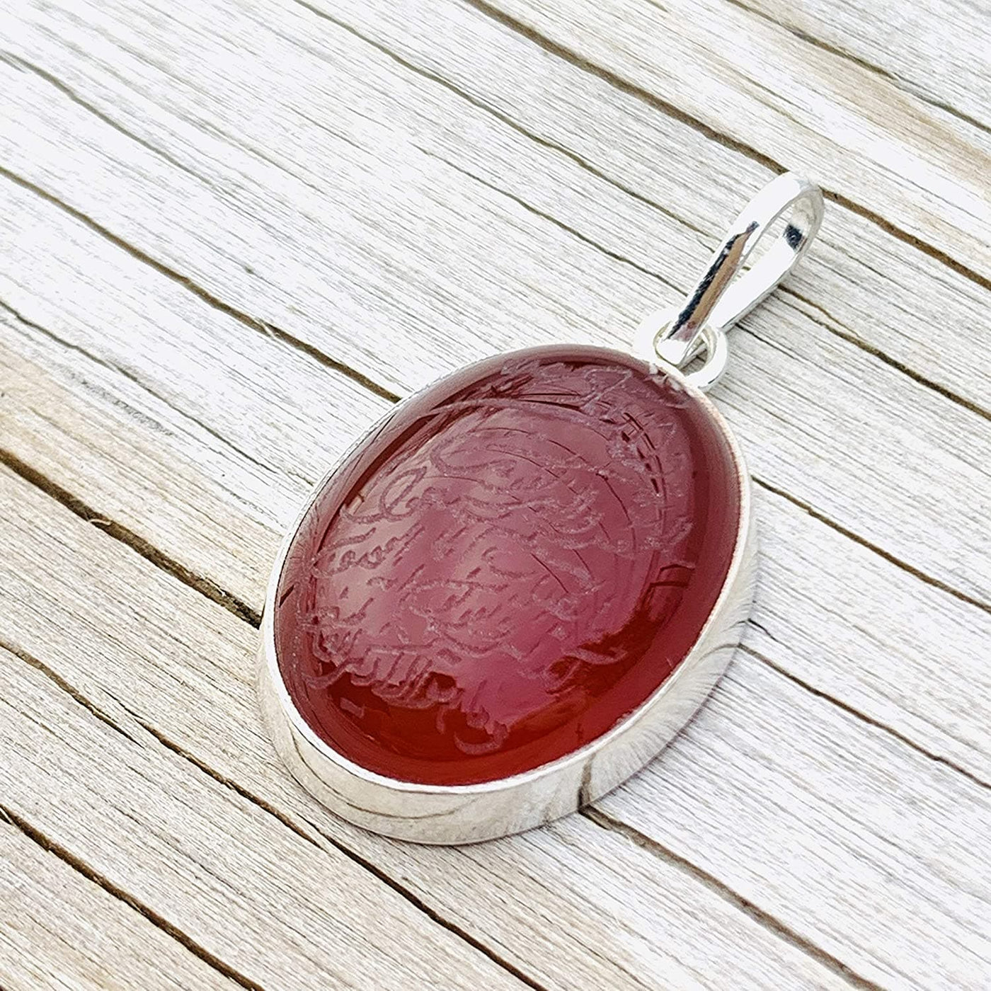 Yemeni Red Aqeeq Stone Pendant For Ladies | Aqeeq Pendant | Aqeeq Necklace | Aqeeq Shia | Akik Stone | Abyssinian Stone | Sterling Silver 92.5 | Engraved Aqeeq |Wa In Yakadul Lazina Verse Yemeni Agate - Al Ali Gems
