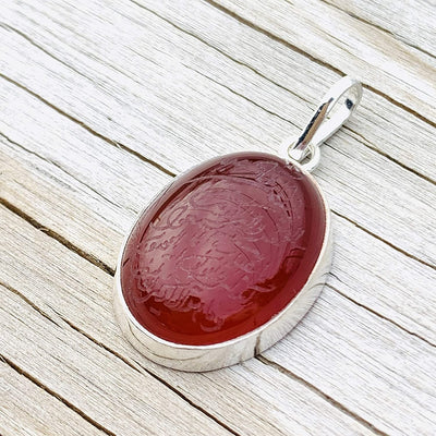 Yemeni Red Aqeeq Stone Pendant For Ladies | Aqeeq Pendant | Aqeeq Necklace | Aqeeq Shia | Akik Stone | Abyssinian Stone | Sterling Silver 92.5 | Engraved Aqeeq |Wa In Yakadul Lazina Verse Yemeni Agate - Al Ali Gems