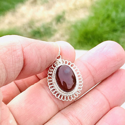 Yemeni Red Aqeeq Stone Pendant For Ladies | Aqeeq Pendant | Aqeeq Necklace | Aqeeq Shia | Akik Stone | Abyssinian Stone | Sterling Silver 92.5 | Plain Yemeni Agate Stone | Dark Red Kabadi Aqeeq Stone - Al Ali Gems